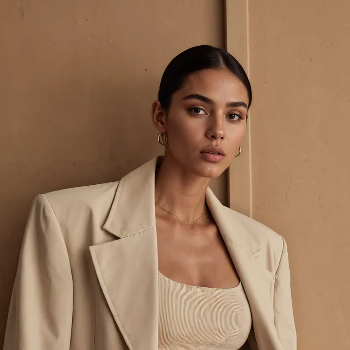 Portrait d'une mannequin en blazer couleur sable