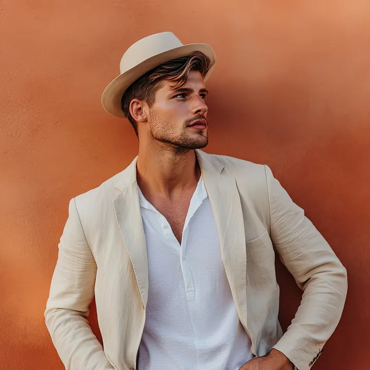 Homme en veste de lin écru et chapeau devant un mur terracotta