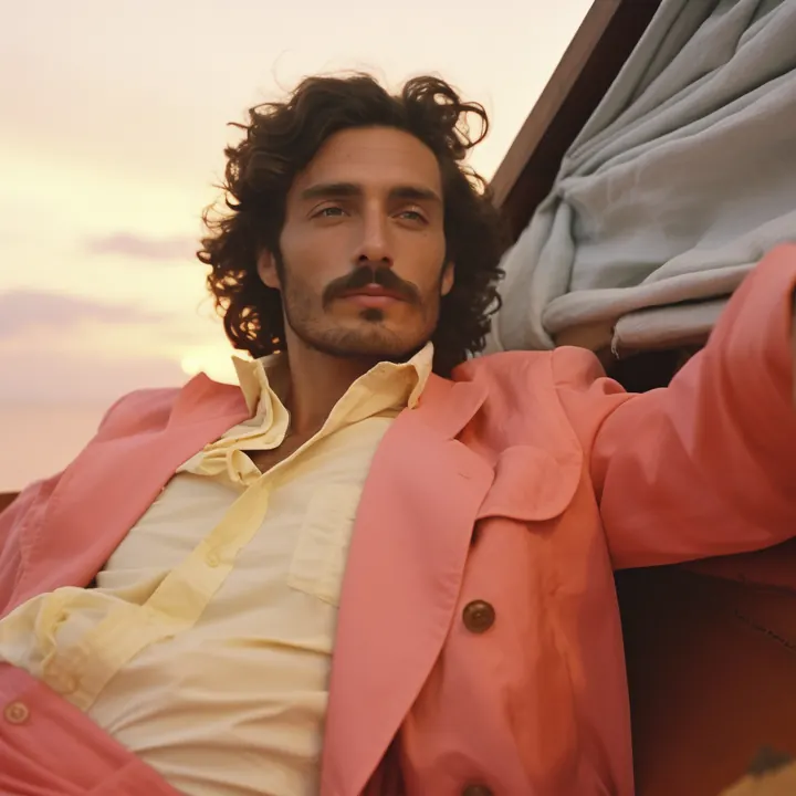 Homme en costume rose poudré sur un voilier au coucher du soleil