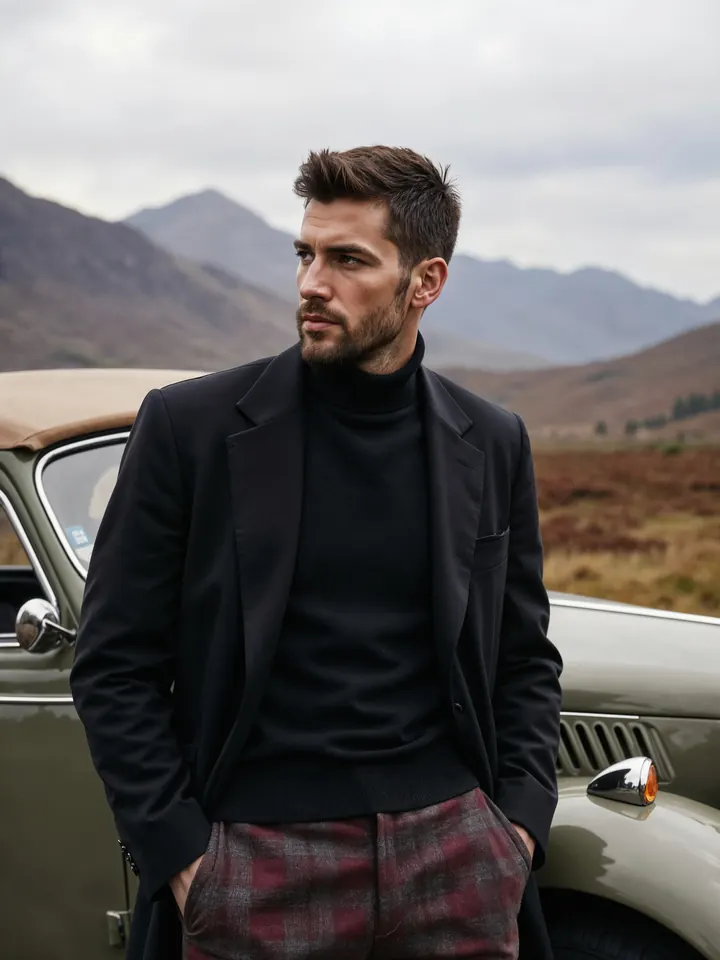 Homme en manteau noir et col roulé près d'une voiture ancienne à la montagne