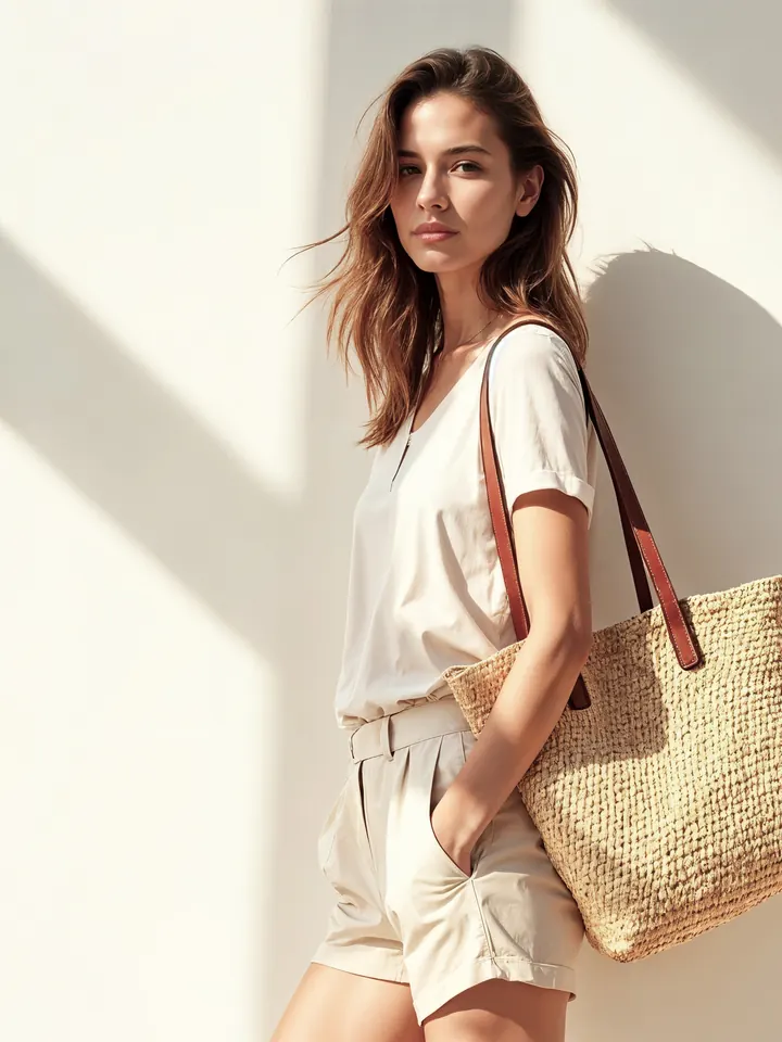 Mannequin en t-shirt et short en lin écru avec un cabas en raphia contre un mur blanc