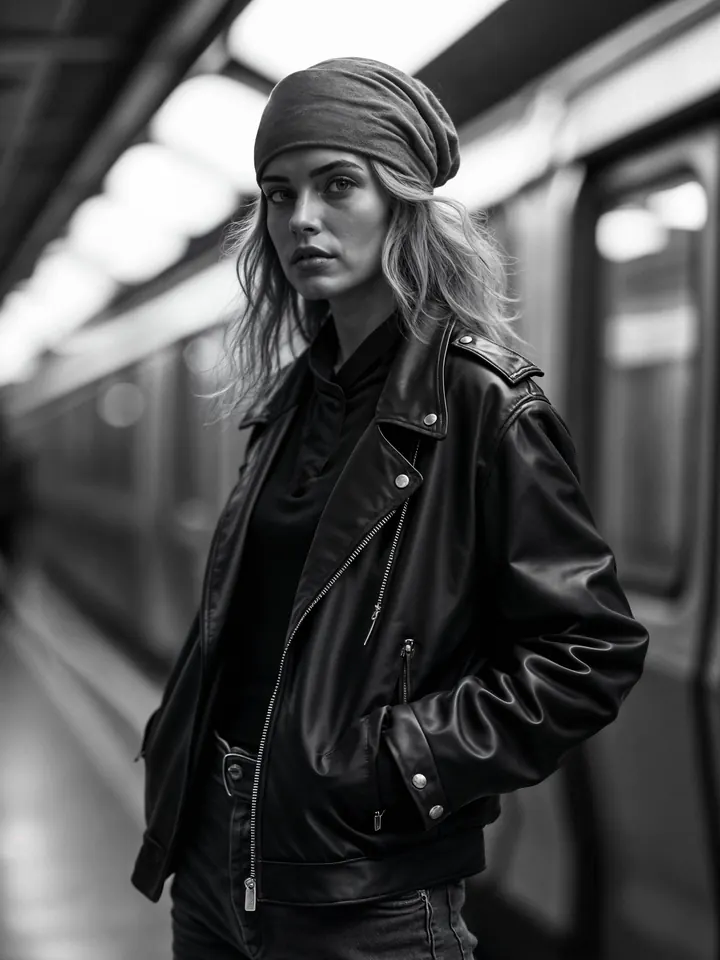 Mannequin en blouson de cuir noir sur un quai de gare, en noir et blanc