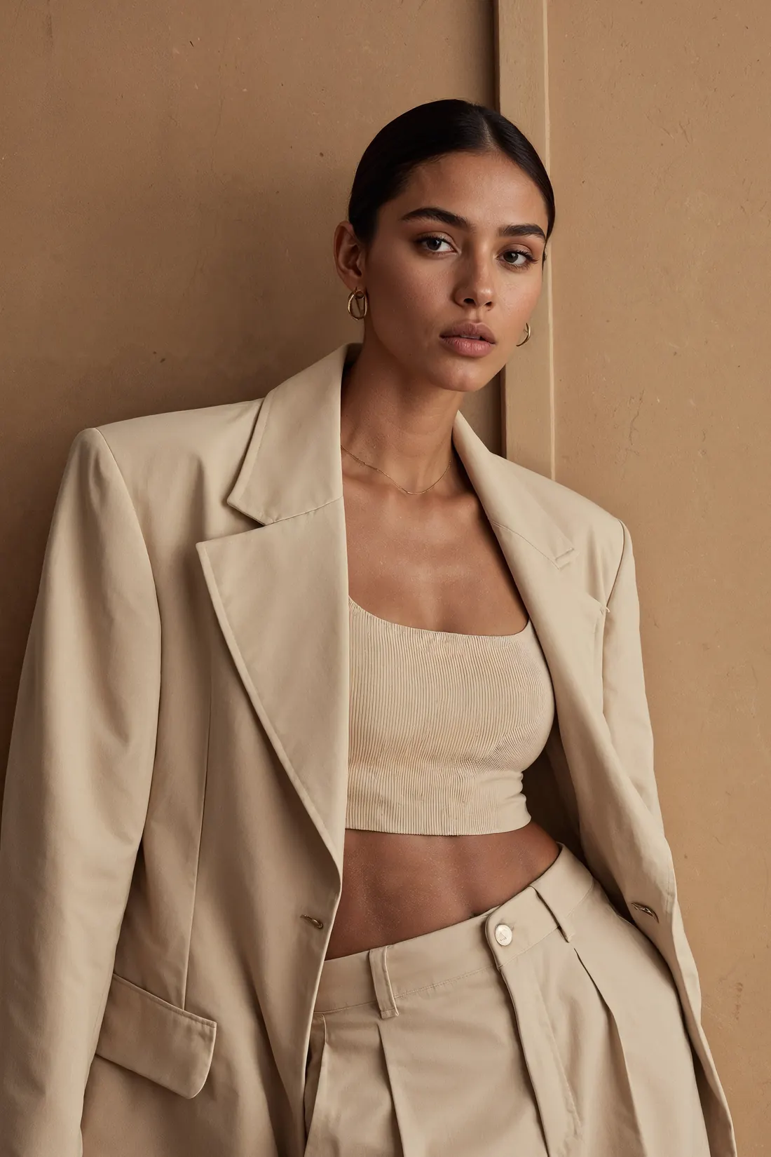 Mannequin en blazer oversize, top côtelé et pantalon à pinces couleur sable