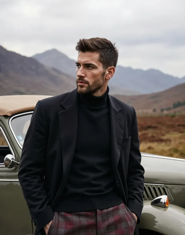 Homme en manteau noir et col roulé à la montagne